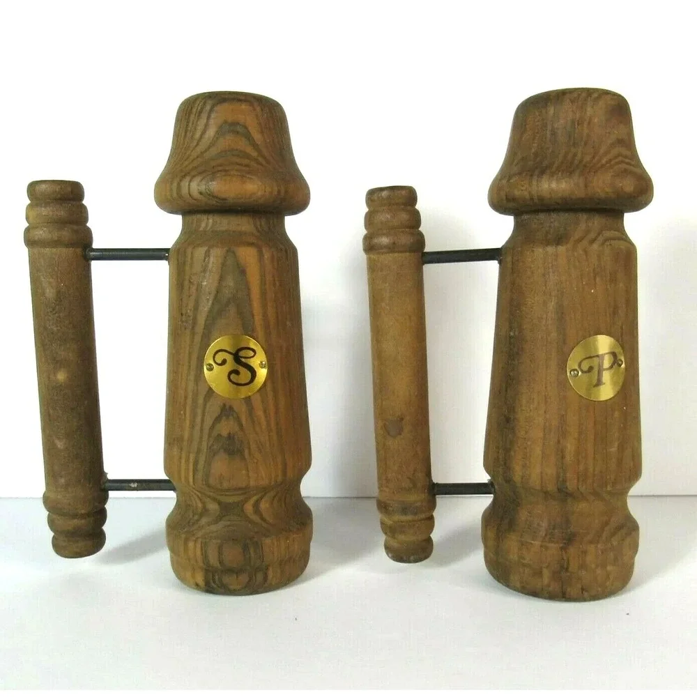 Vintage Large Wooden & Metal Salt & Pepper Shakers with handles VTG with plugs